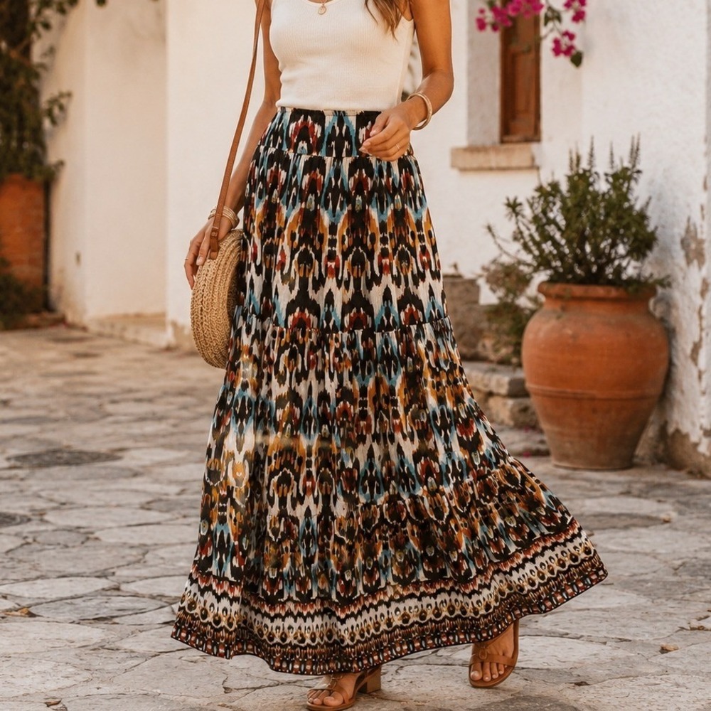 New‎ York & Company Women Medium Ikat Print Tiered Maxi Skirt Multicolor Boho